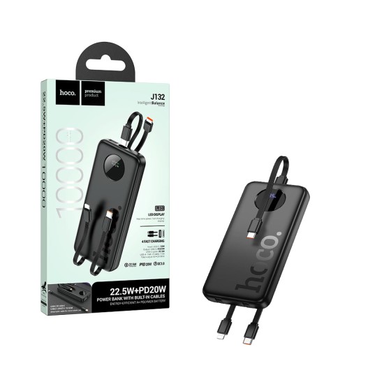 Power Bank Hoco J132 Sabio com 2 Tipo-C+Lightning Cabo 22.5W+PD20W 10000mAh Preto